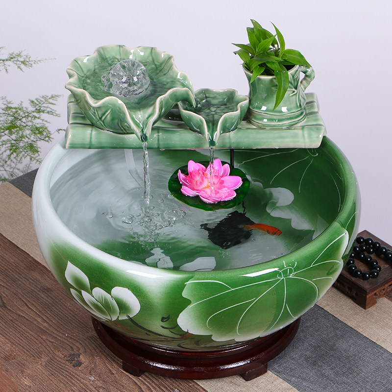 景德镇陶瓷流水鱼缸家用喷泉手绘小金鱼缸大号乌龟养鱼盆招财造景