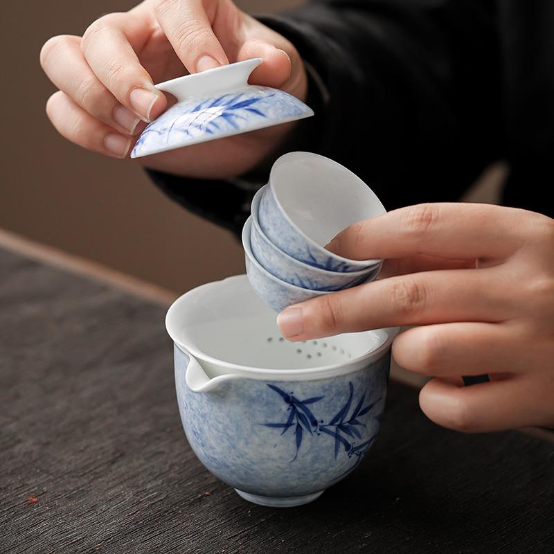 手绘青花瓷旅行茶具快客杯一壶三杯便携式户外茶具套装露营旅游