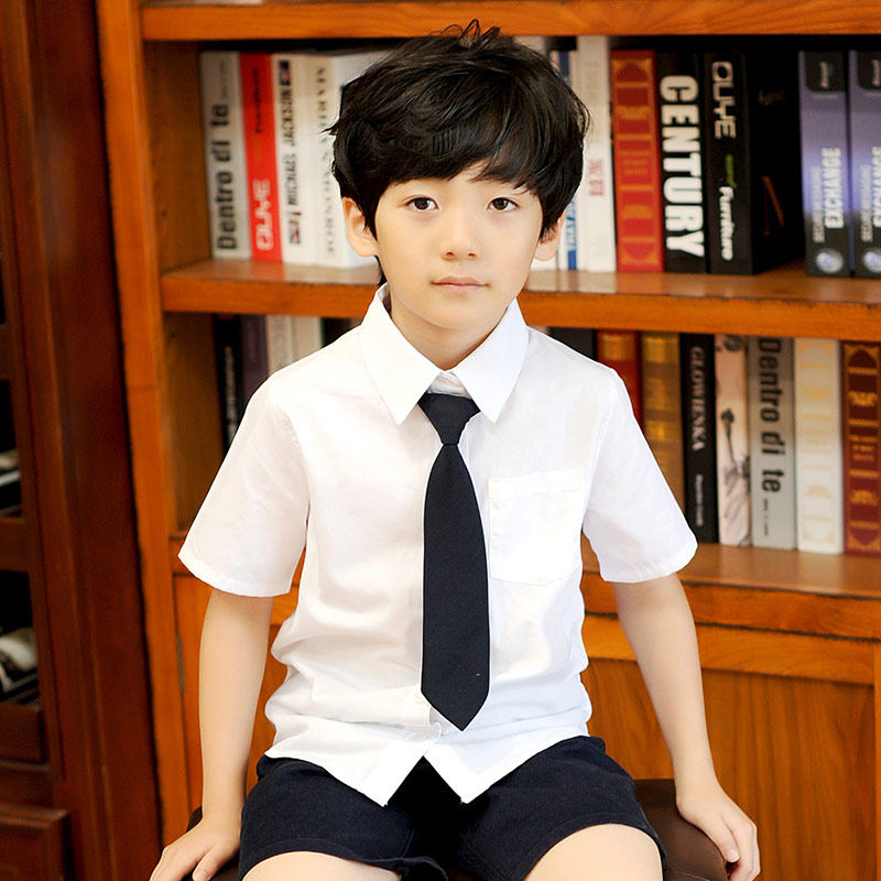 夏装英伦幼儿园园服中小学生校服班服儿童装衬衫男童白色短袖衬衣