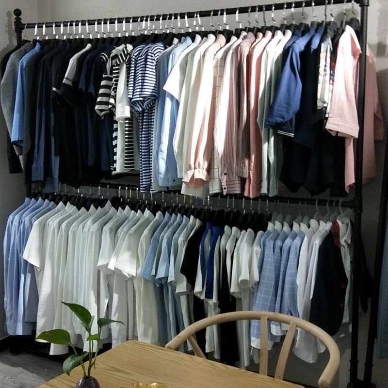 新款铁艺实木服装店衣架展示架落地式复古男女装货架中岛衣服架子