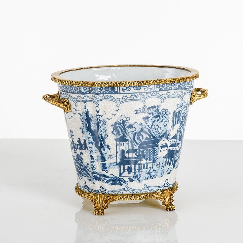 欧式陶瓷冰桶青花陶瓷镶铜家居饰品客厅茶几餐桌花插花器收纳摆件