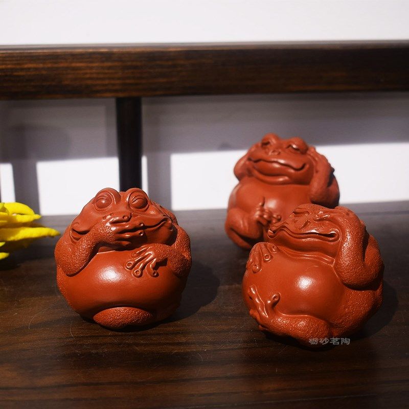 砺砂茗陶紫砂茶宠可养智慧金蟾 全手工高端雕塑摆件 朱泥蟾蜍