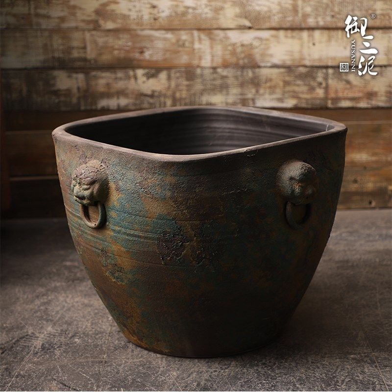 狮头陶瓷仿古大缸土陶缸粗陶手工水缸大花盆鱼缸落地摆件庭院园林