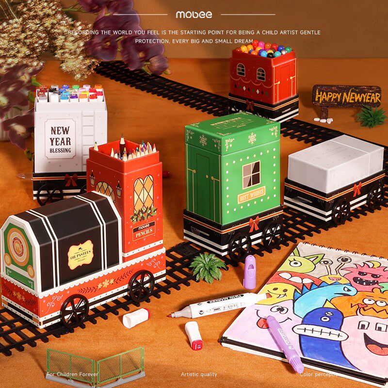 mobee小火车绘画礼盒水彩笔画笔礼盒蜡笔画画工具小学生美术套装
