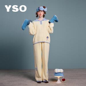 yso【酷猫系列】情侣睡衣女秋冬季新款半边绒翻领保暖家居服套装D
