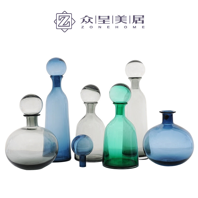 北欧蓝色灰色带盖玻璃瓶摆件花瓶样板房家居创意装饰花器摆设简约