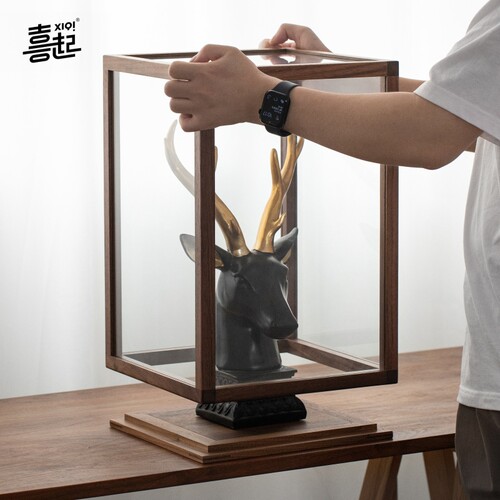 黑胡桃实木玻璃罩式展示盒 模型模型博物馆古董透明防尘罩展示柜