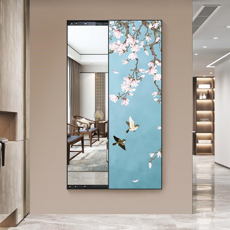 网红卧室挡隐遮藏式喜上眉梢装饰画全身镜挂画可推拉穿衣形镜隐试