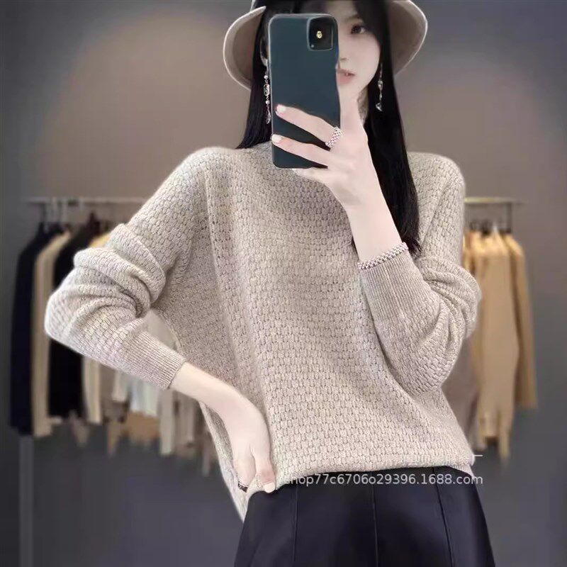一线成衣无缝羊毛衫100羊毛毛衣女堆堆领套头针织打底衫显瘦