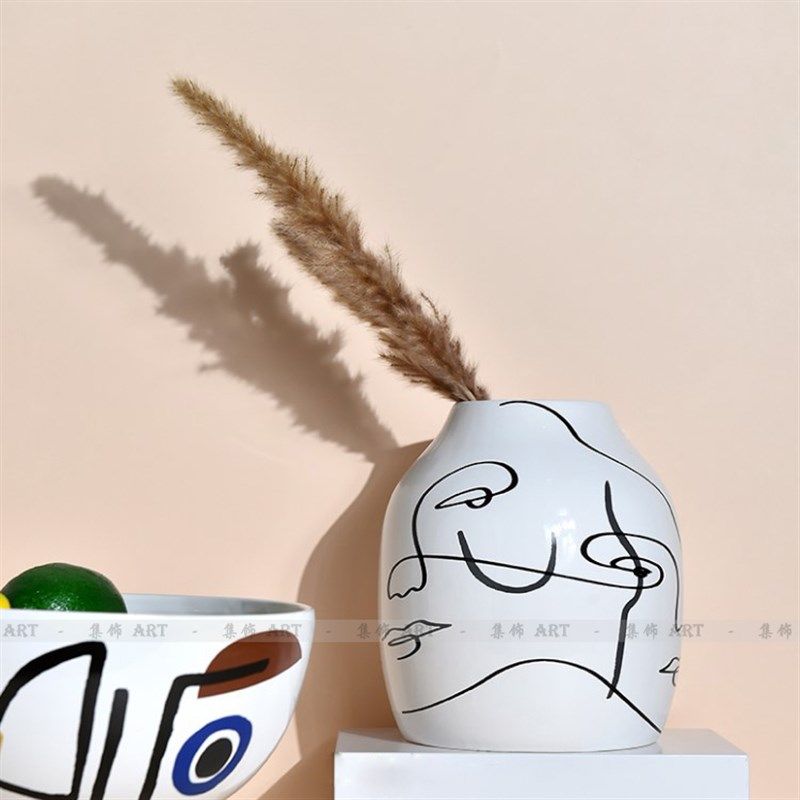 集饰新品北欧简约 艺术线条抽象人脸画陶瓷样板房花器 创意装饰