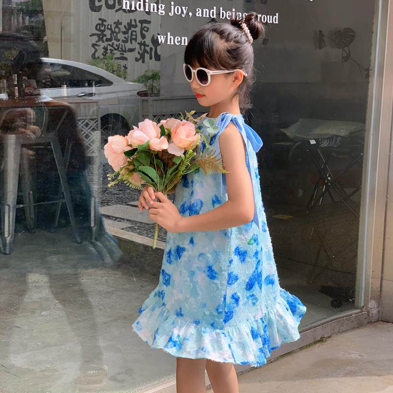 亲子装2024夏季新款母女装沙滩裙海盐蝴蝶挂脖女童连衣裙度假长裙