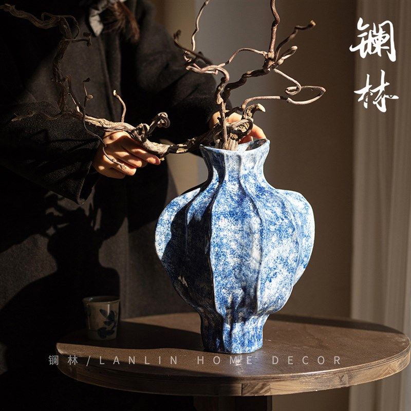 景德镇锤纹陶瓷花瓶新中式客厅玄关插花装饰品复古花器粗陶罐品月