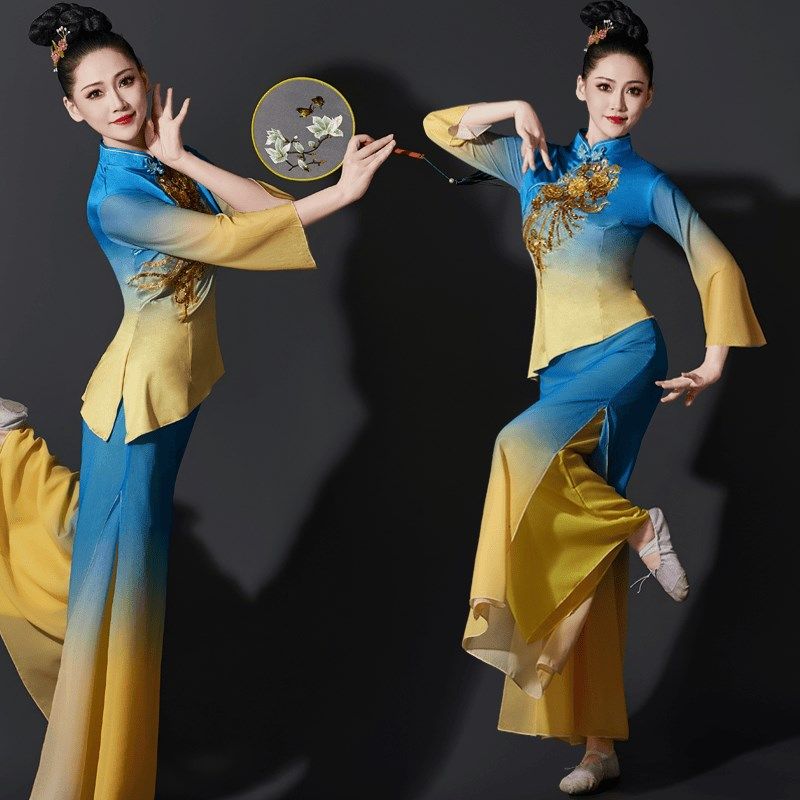 古典舞演出服女飘逸中国风扇子舞蹈服装独舞胶州秧歌舞艺考套装