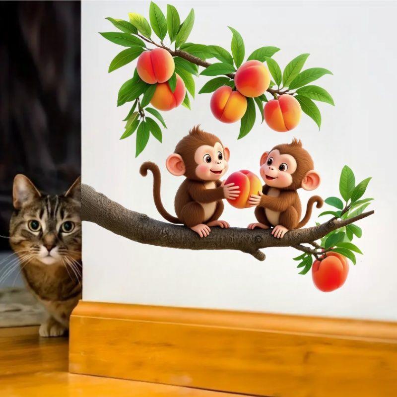 可爱的小猴子摘桃卡通贴纸客厅玄关装饰贴纸冰箱门窗防水自粘贴