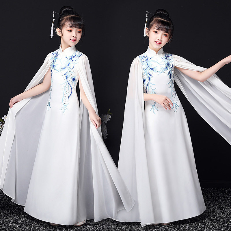 2026新款儿童古筝演出服女童礼服夏季中国风水袖旗袍走秀演出汉服