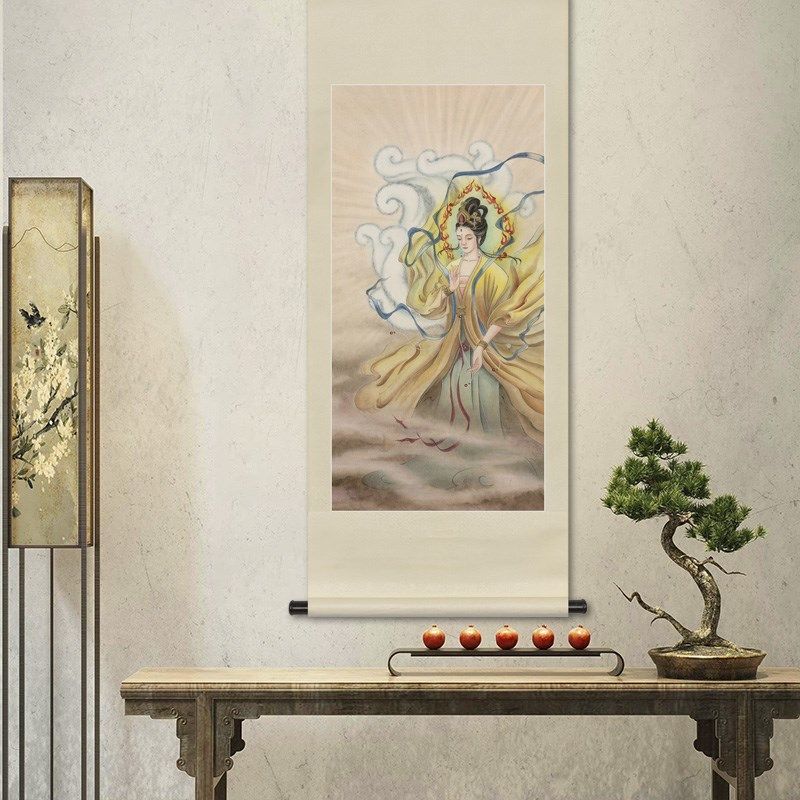 工笔神仙人物国画玄狐元君九尾狐画像玄关书房中式画轴卷轴挂画框