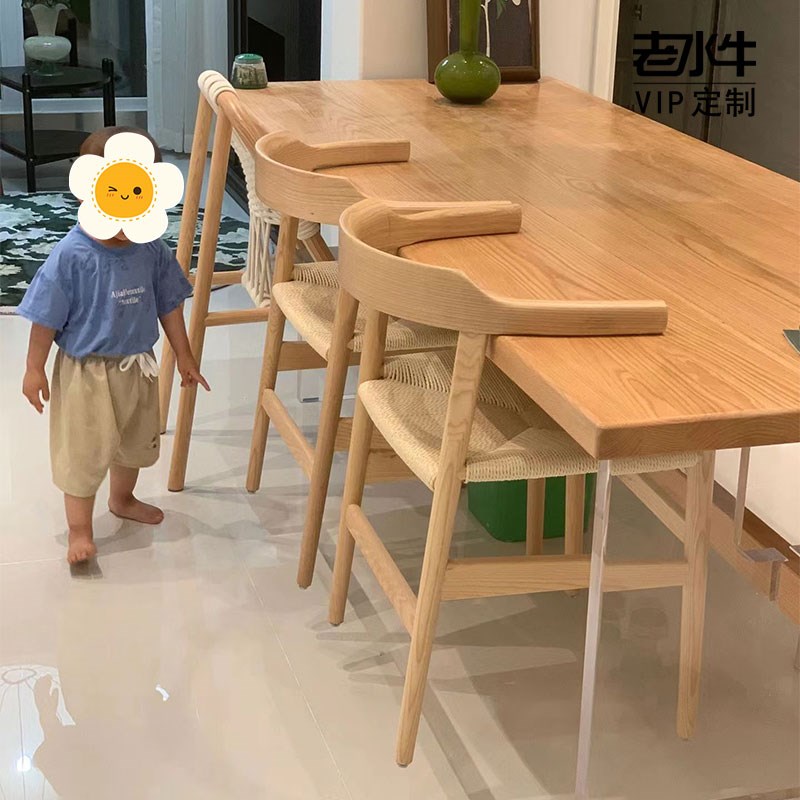 老水牛亚克力悬浮餐桌椅日式纯实木大板书桌子家用樱桃原木工作台