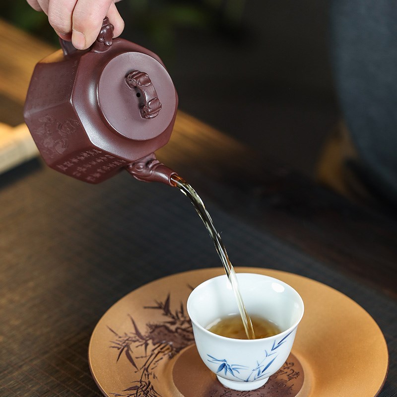 宜兴原矿老紫泥全手工6方祥瑞刻满江红紫砂壶250毫升家用泡茶