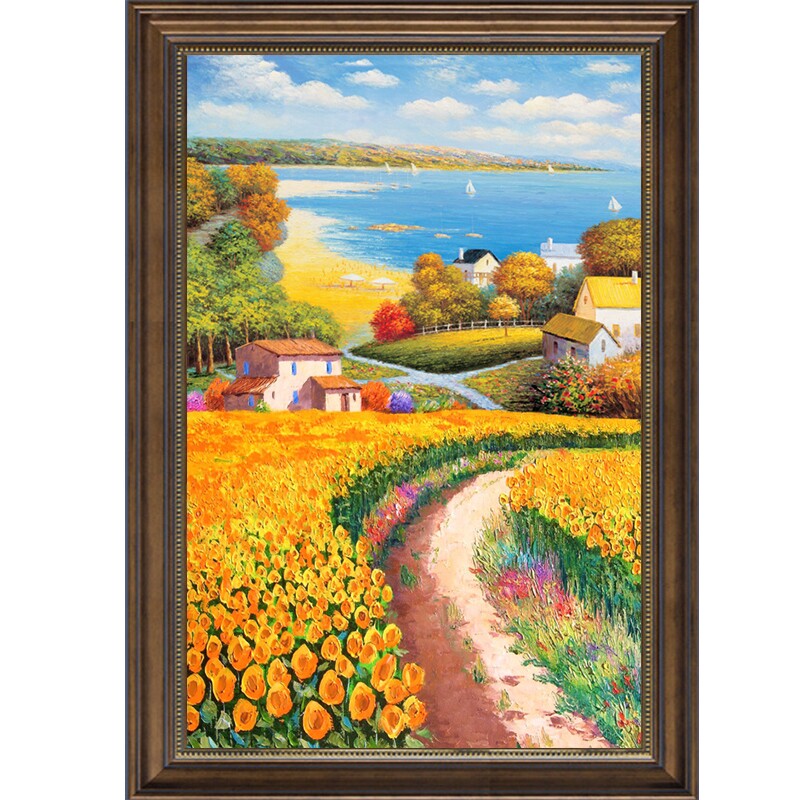 郁金香花卉玄关装饰画美式田园风景油画挂画竖版田野艺术壁画过道