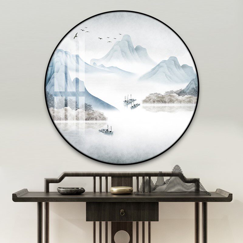 新中式入户玄关装饰画圆形山水画客厅风景画走廊过道茶室禅意挂画