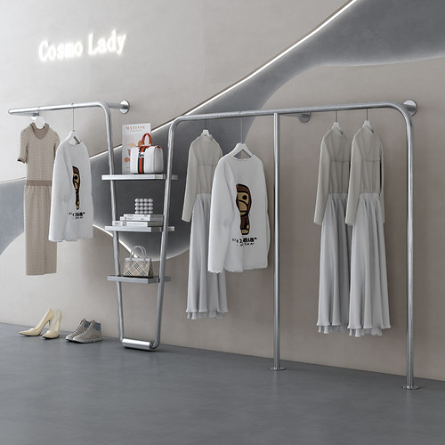 服装店展示架壁挂式不锈钢银色挂衣服架子女装店简约上墙陈列货架