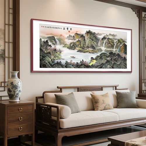 聚宝盆山水画客厅沙发墙背景挂画西墙聚财新中式装饰画办公室壁画