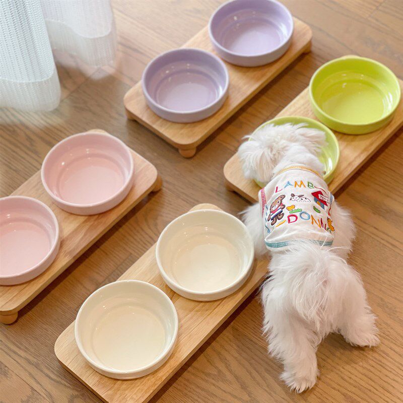 宠物陶瓷木架双碗卡马龙色狗狗饭盆食盆水碗猫粮碗狗粮碗易清洗
