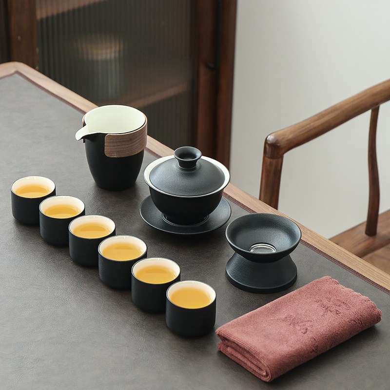 陶明堂日式黑陶功夫茶具套装家用轻奢茶杯盖碗办公室泡茶套组