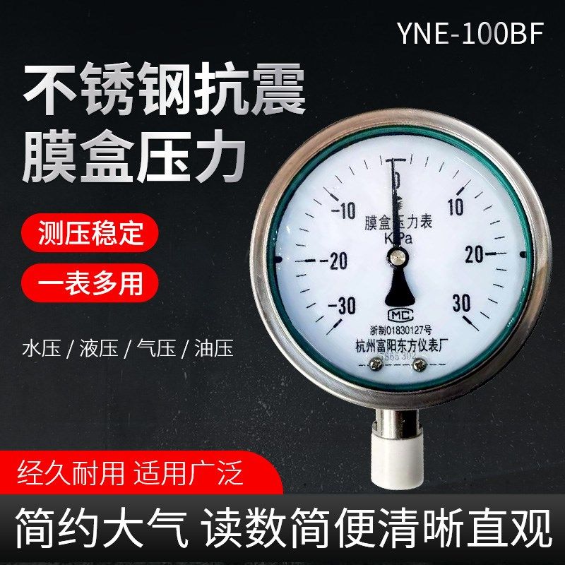 杭州富阳东方YNE-100BF不锈钢304抗振耐震膜盒压力表Kpa千帕YEN型