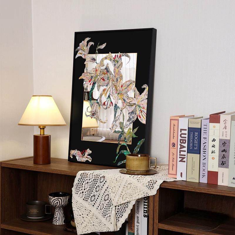 百合花镜子画抽象中画古客厅摆画卧室玄关挂小艺众术镜卉面JA-939