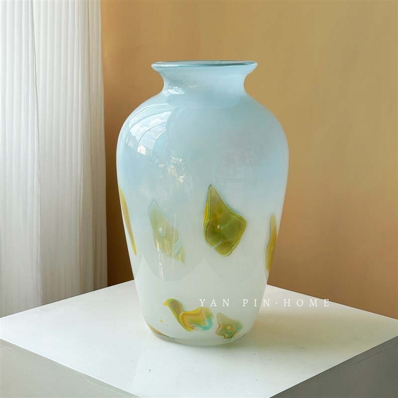 蓝色琉璃花瓶法式高级感玄关斗柜家居插花器客厅软装玻璃装饰摆件