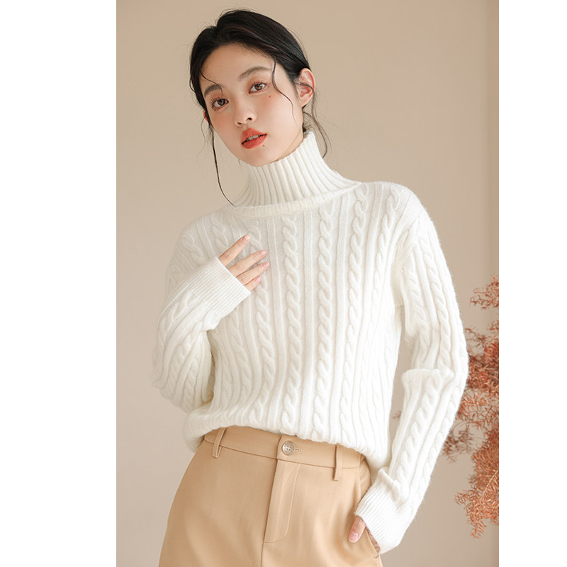 高领毛衣女2023年秋冬新款加厚宽松短款针织衫白色内搭打底衫上衣