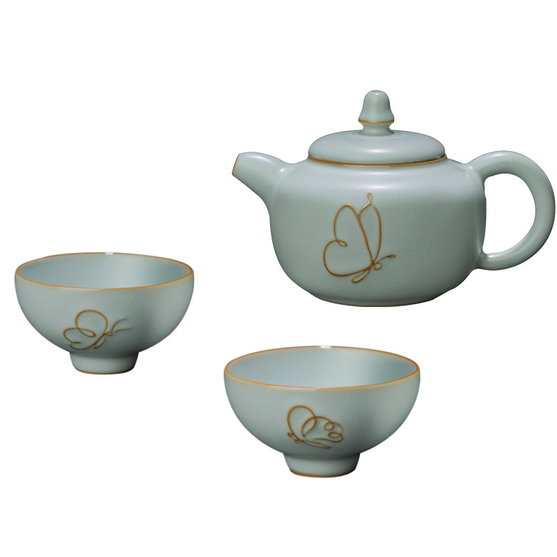 青澹汝窑功夫茶具套装家用客厅泡茶简约茶壶整套景德镇陶瓷冰裂釉