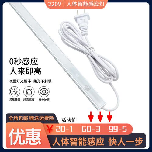 220V超薄插电人来即亮感应灯玄关鞋柜入户门自动人体感应衣柜灯条