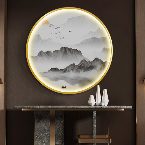 新中式山水画入户玄关装饰画灯画中国风走廊过道挂画客厅圆形壁画