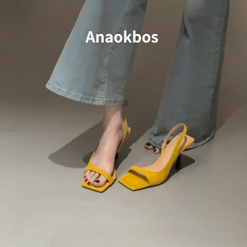 Anaokbos/岸畔方头一字带露趾凉鞋女夏季法式配裙子细跟高跟鞋