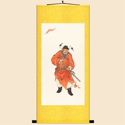 朱衣钟馗拔剑图 神话人物中式复古神像画装饰画 绢布卷轴挂画定制