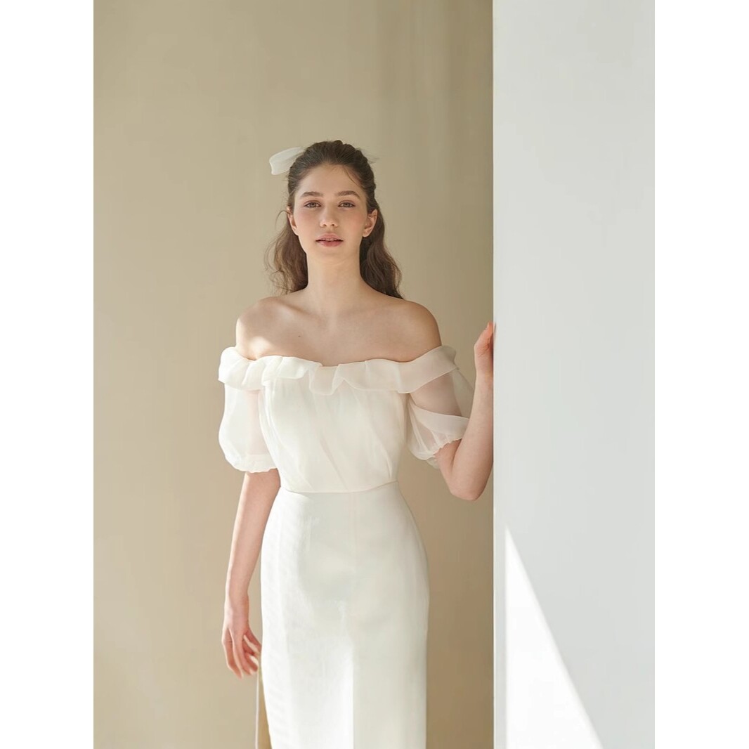 2026新款森系婚纱一字肩修身礼服/晚装
