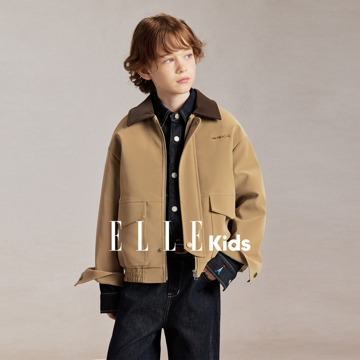 ELLEkids童装男童2026秋冬新款中大童夹克巴恩风撞色翻领加绒外套图片