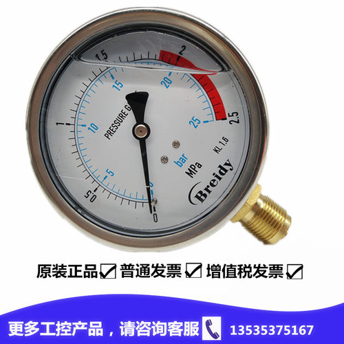Breidy不锈钢耐震压力表YTN-100油压液压表YN-100 1 1.6 2.5Mpa