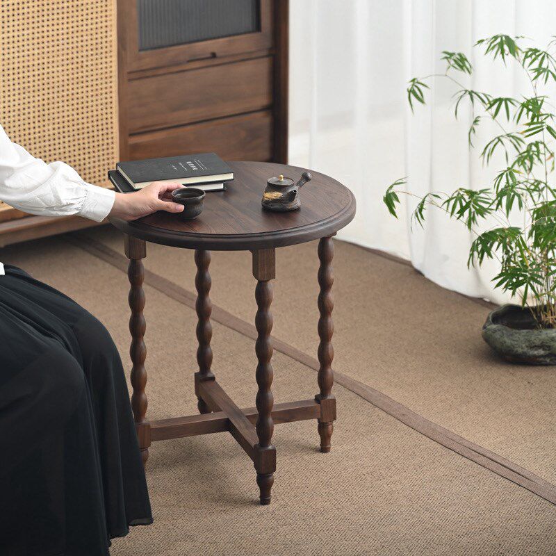 浮霞木坊黑胡桃木全实木中古风复古欧式小圆桌沙发边几咖啡桌茶几