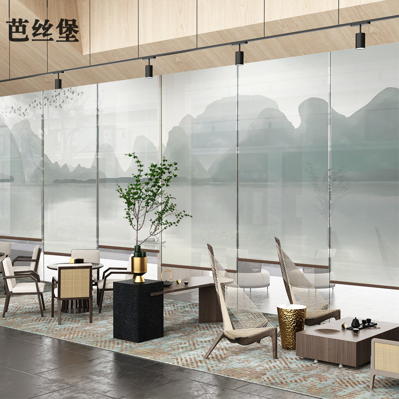 中式窗帘半透办公室免打孔拉式遮阳帘定制电动软隔断挂帘山水卷帘
