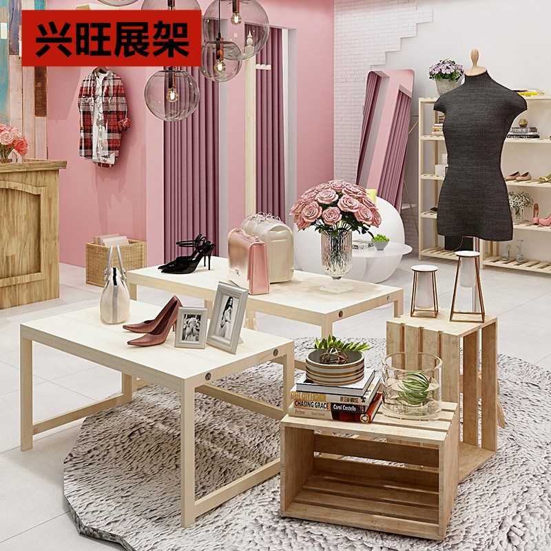 服装店橱窗展示桌童装店铺高低流水台木质中岛展示台中间货架简约