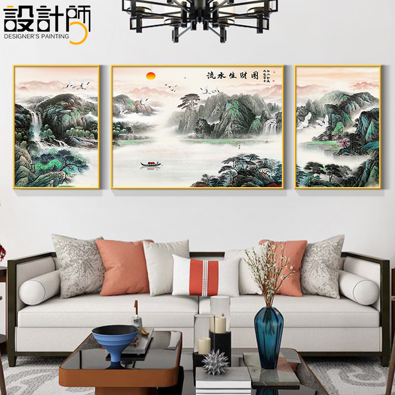 新中式客厅装饰画山水画沙发背景墙挂画禅意水墨画中式壁画三联画