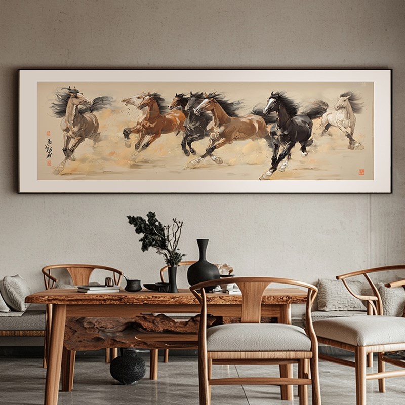 八骏图客厅装饰画中式沙发背景墙画马到功成办公室挂画新款国画