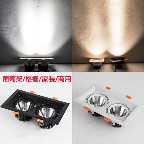 LED格栅灯双头三头方形筒灯网格葡萄架铝嵌入式商用斗胆灯cob射灯