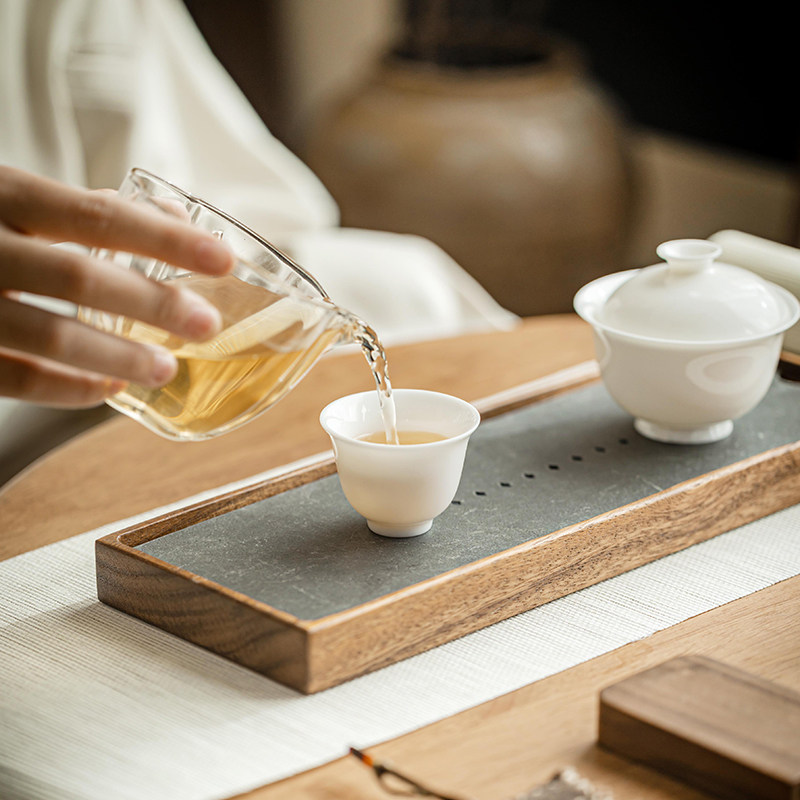 高级灰双层简约茶盘小型纯铝干泡台琥珀木实木家用一人蓄水小茶台