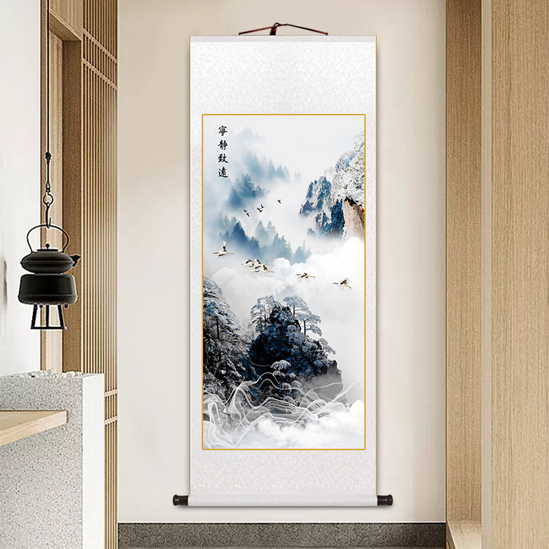 迎客松玄关画办公室字画名家山水画高山流水卷轴挂画书房茶室壁画