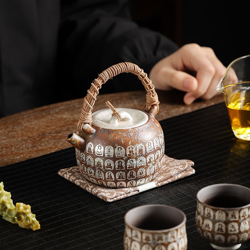 老岩泥鎏银千佛茶壶泡茶家用功夫茶具藤编提梁壶陶瓷烧水壶煮茶壶