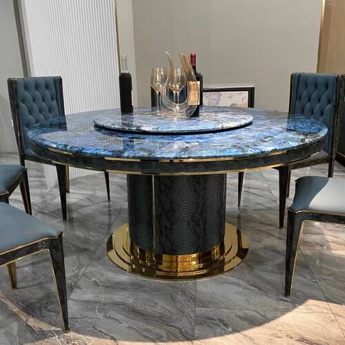 意式轻奢蓝金沙大理石餐桌别墅奢华餐厅饭桌椅组合家用不锈钢圆桌